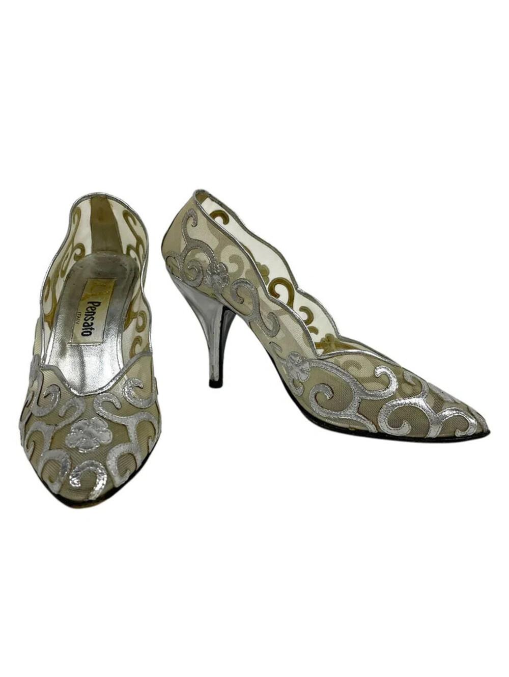 Pensato Italy Silver Mesh Embroidered Heels – Size 36 (US 5.5) – Elegant Formal